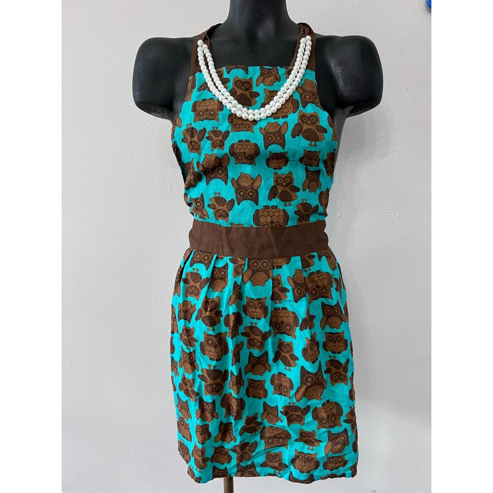 Owls Apron Sz L Teal/Brown Faux Pearls 133194 Vintage 50s 60s Preppy